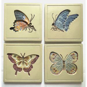 Lot Of 4 Carved 3D Butterfly Coasters With Case Holder Excellent Condition